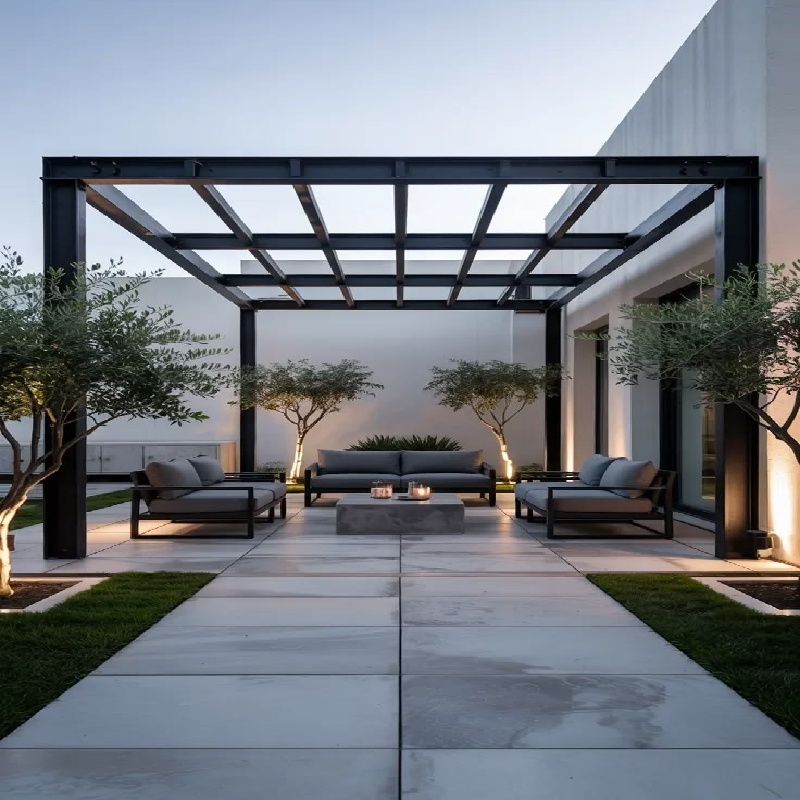 Moderne aluminium pergola voor buiten met glazen schuifdeur en dakconstructie voor een luxe achtertuin.