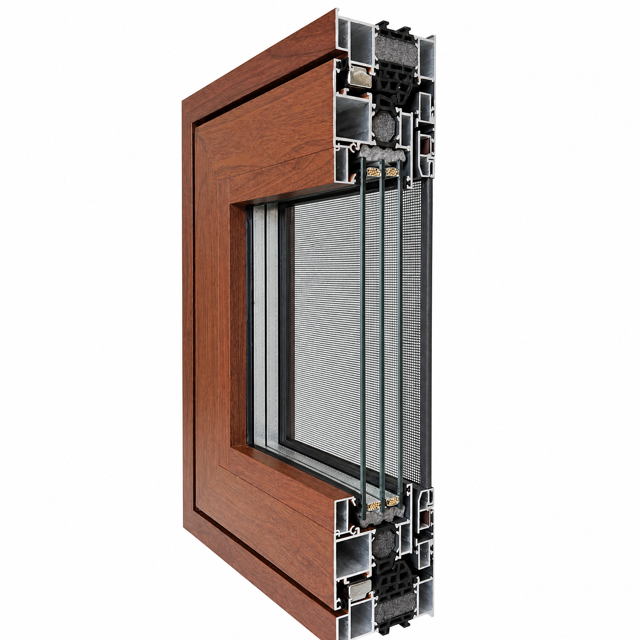 Aluminium draai-kiepramen met dubbel glas, insectenhorren en geluidsisolatie voor villa-, hotel- en balkonprojecten.