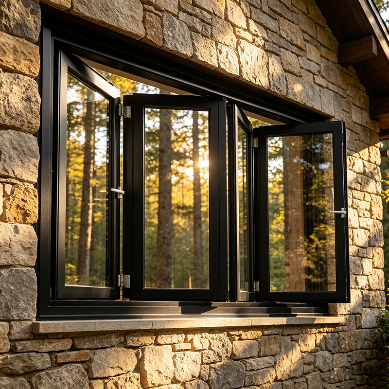 Fabrieksmatig geproduceerd, orkaanbestendig aluminium vouwraam met driedubbel glas, windbestendig en stormbestendig, geschikt voor een villa aan de kust.