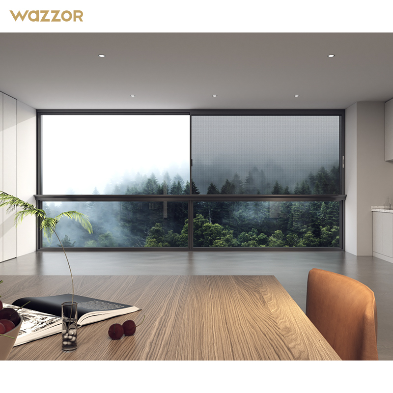 Wazzor Hotel Orkaanbestendige Ramen Balkon Geluidsdicht Dubbelglas Aluminium Ramen Drievoudig Glas Zwart Aluminium Schuiframen