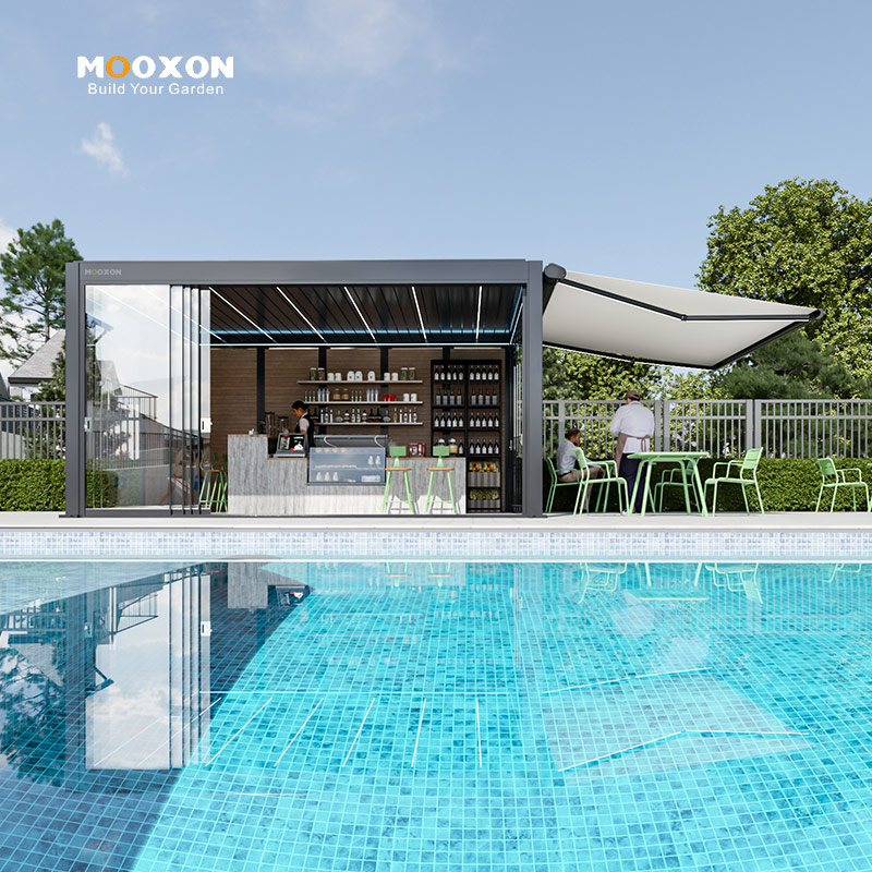 Mooxon gemotoriseerde aluminium buitenpergola's met schakelbaar dak, bioklimatische terraspergola, eenvoudig te monteren aluminium tuinhuisje/carport