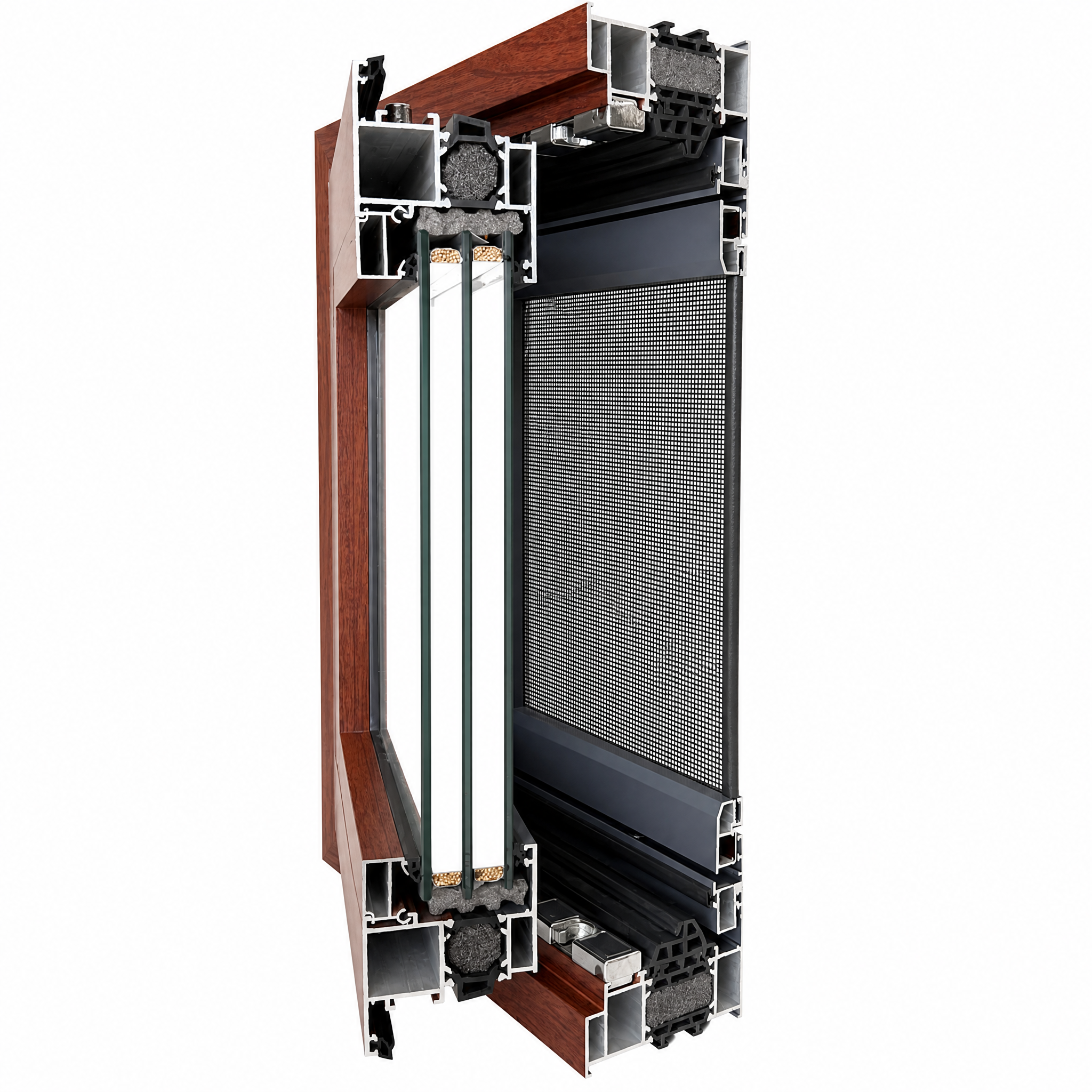 Aluminium draai-kiepramen met dubbel glas, insectenhorren en geluidsisolatie voor villa-, hotel- en balkonprojecten.