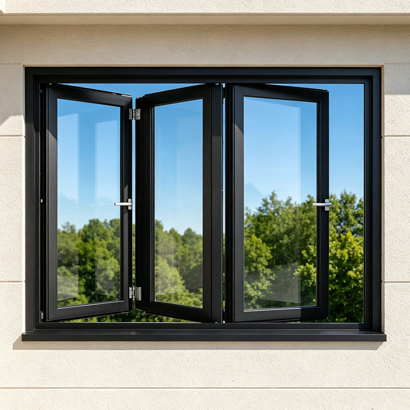 Fabrieksmatig geproduceerd, orkaanbestendig aluminium vouwraam met driedubbel glas, windbestendig en stormbestendig, geschikt voor een villa aan de kust.