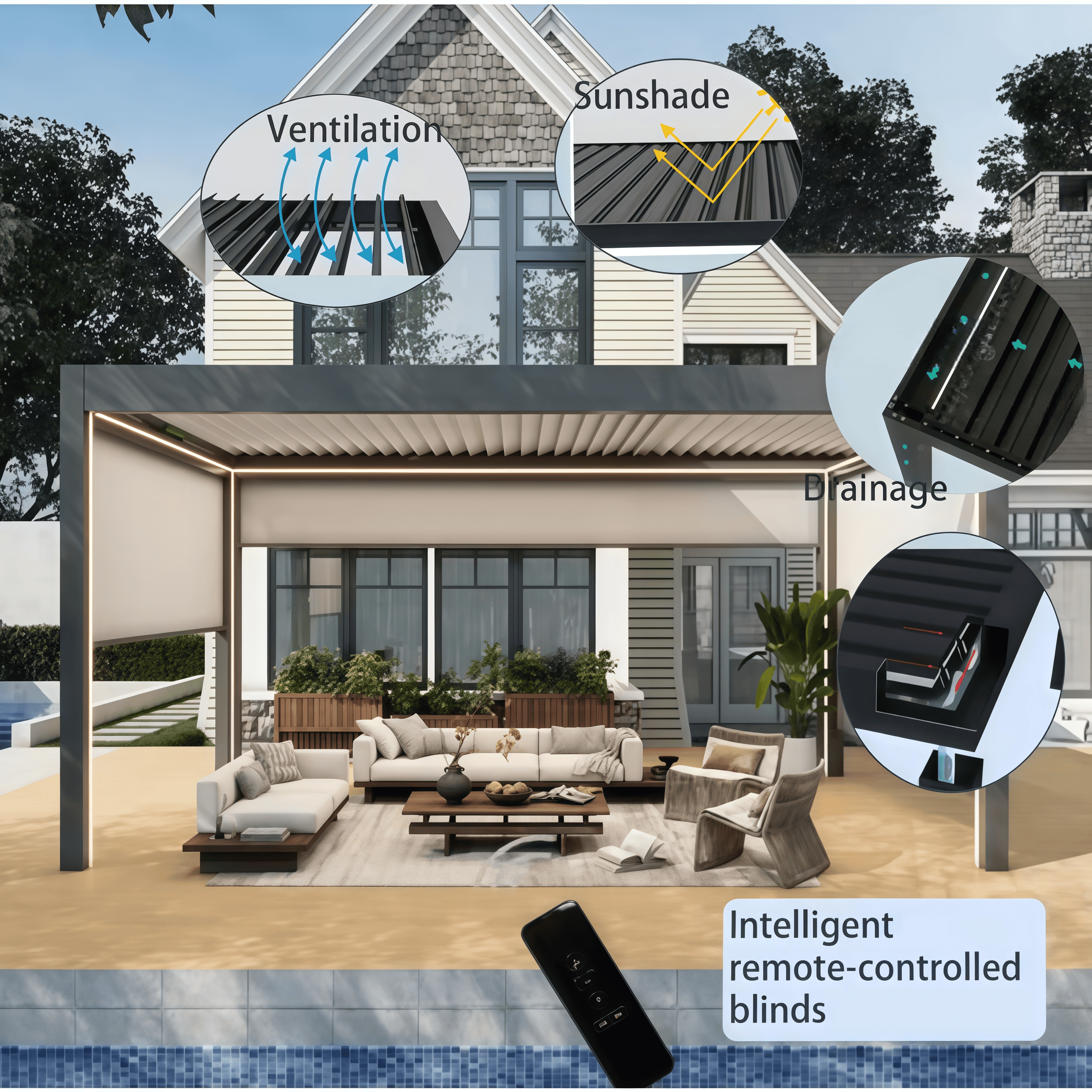 Automatische, regenbestendige aluminium lamellenpergola 3x3m tuinpaviljoen met afstandsbediening en aanpasbaar formaat.