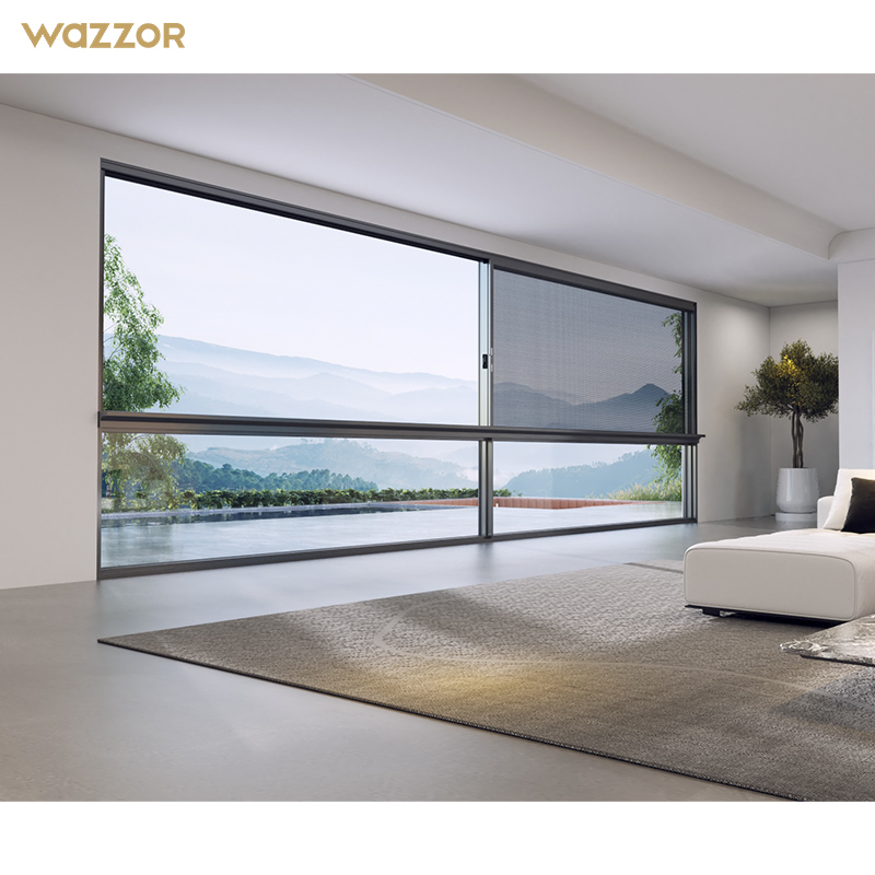 Wazzor Hotel Orkaanbestendige Ramen Balkon Geluidsdicht Dubbelglas Aluminium Ramen Drievoudig Glas Zwart Aluminium Schuiframen