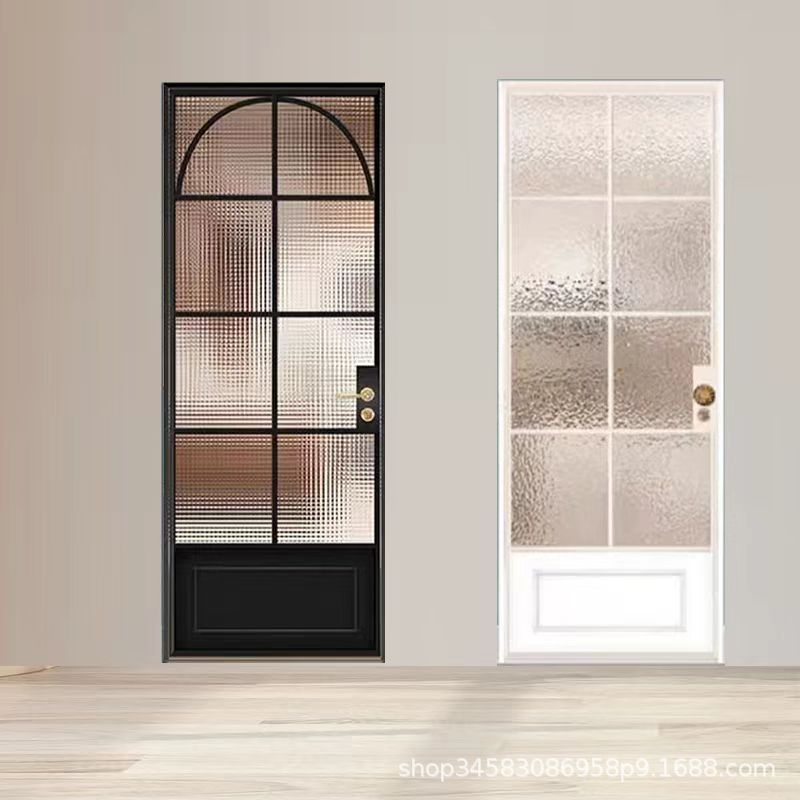 Boogvormige aluminium draaideuren voor binnen, badkamer, keuken, dubbele deur, moderne vlakke aluminium openslaande deuren met glas en roosters.