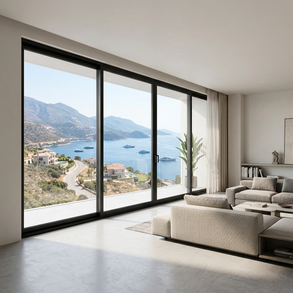 Slim elektrisch hefbaar schuifraam van aluminiumlegering met onzichtbaar glas, geschikt voor balkon van hotel of villa