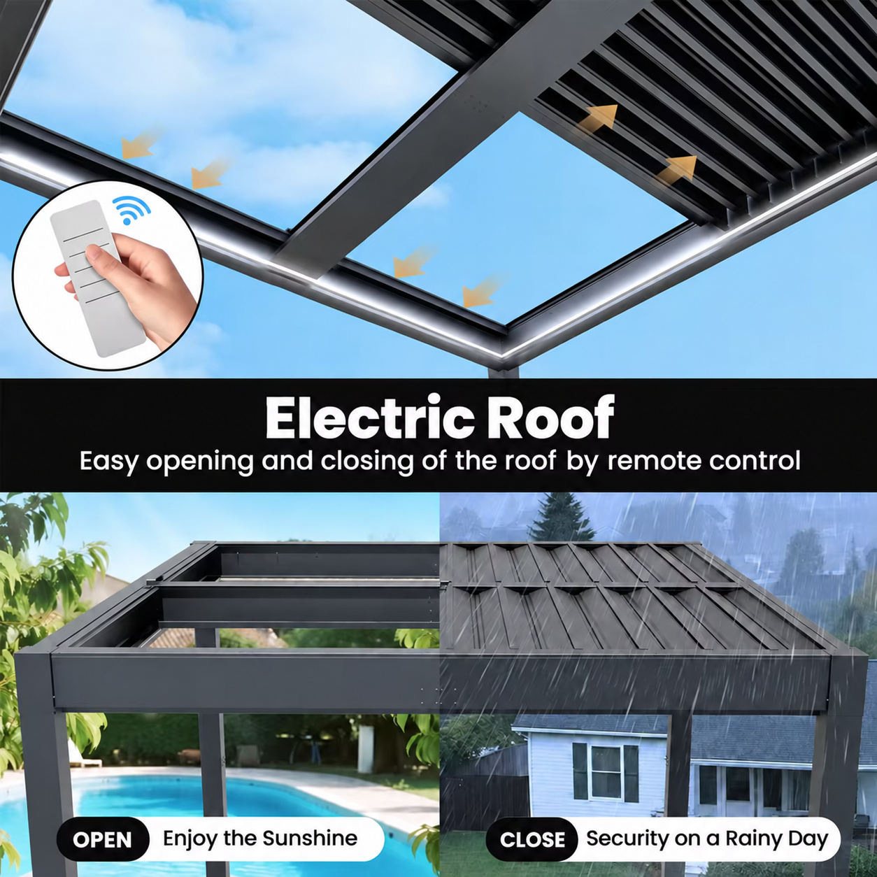 Strakke, op presentatie gerichte, gemotoriseerde lamellensystemen, Bioclimatica pergola van aluminium voor buiten, geschikt voor ontvangstruimtes van autoklanten.