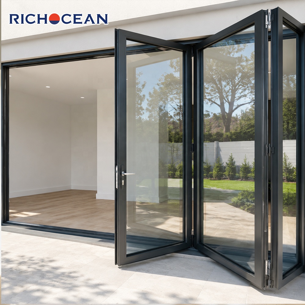 RICHOCEAN Florida Minimalistische orkaanbestendige aluminium vouwdeuren met glas, weerbestendige driedubbele beglazing, dubbele vouwdeur
