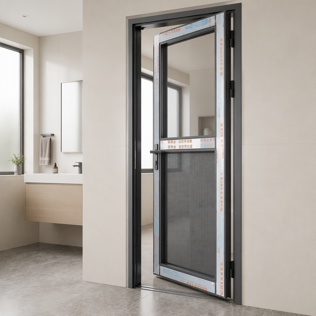 Thermisch onderbroken aluminium draaideur voor badkamer, vochtbestendig, roestvrij, geluidsarm en op maat gemaakt.