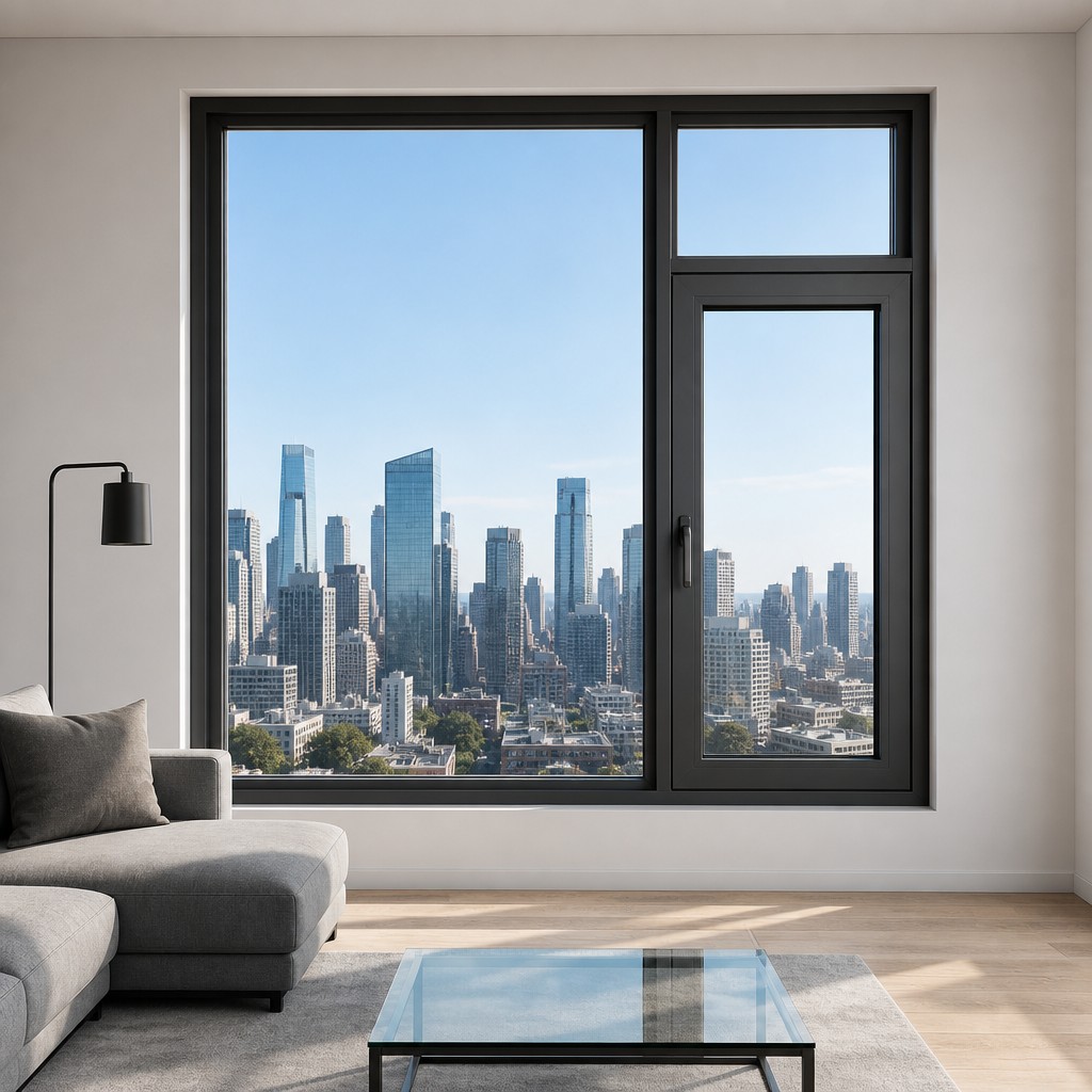 Aluminium draai-kiepramen met dubbel glas, insectenhorren en geluidsisolatie voor villa-, hotel- en balkonprojecten.