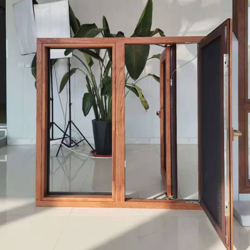 Chinese leverancier van thermisch efficiënte aluminium beklede houten ramen, waterdichte ramen met groot glas.