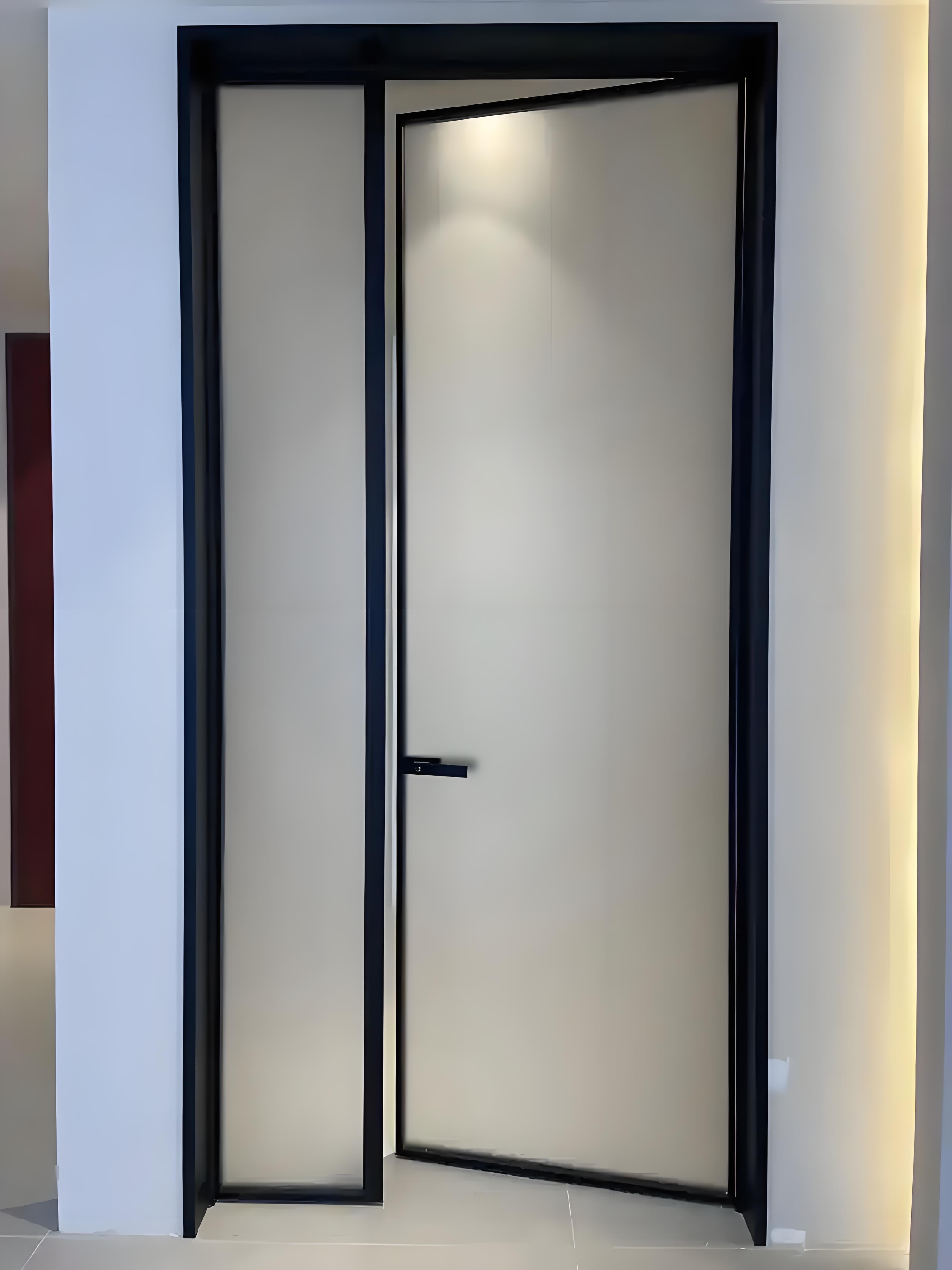 Energiezuinige, thermisch onderbroken aluminium draaideur met glas, geluidsisolatie, enkel- of dubbelvleugelig, gepoedercoat, geschikt voor supermarkten en magazijnen.