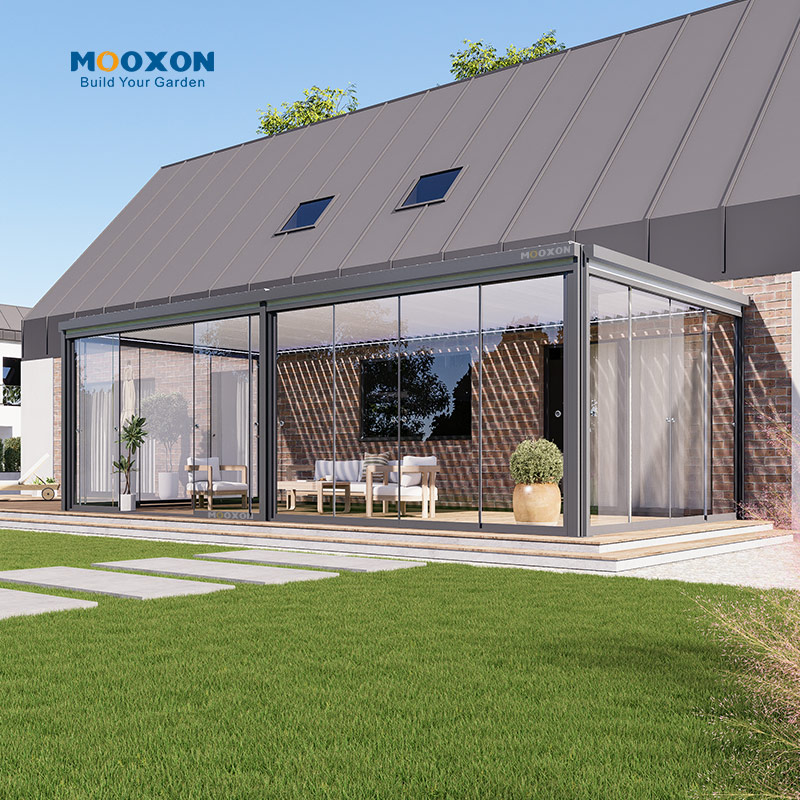 Mooxon gemotoriseerde aluminium buitenpergola's met schakelbaar dak, bioklimatische terraspergola, eenvoudig te monteren aluminium tuinhuisje/carport