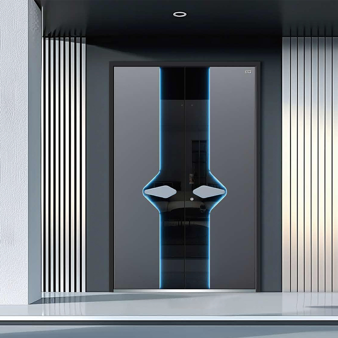 Commerciële aluminium toegangsdeur met thermische onderbreking, dubbel glas en hoge windbestendigheid voor hotel- en villaprojecten.