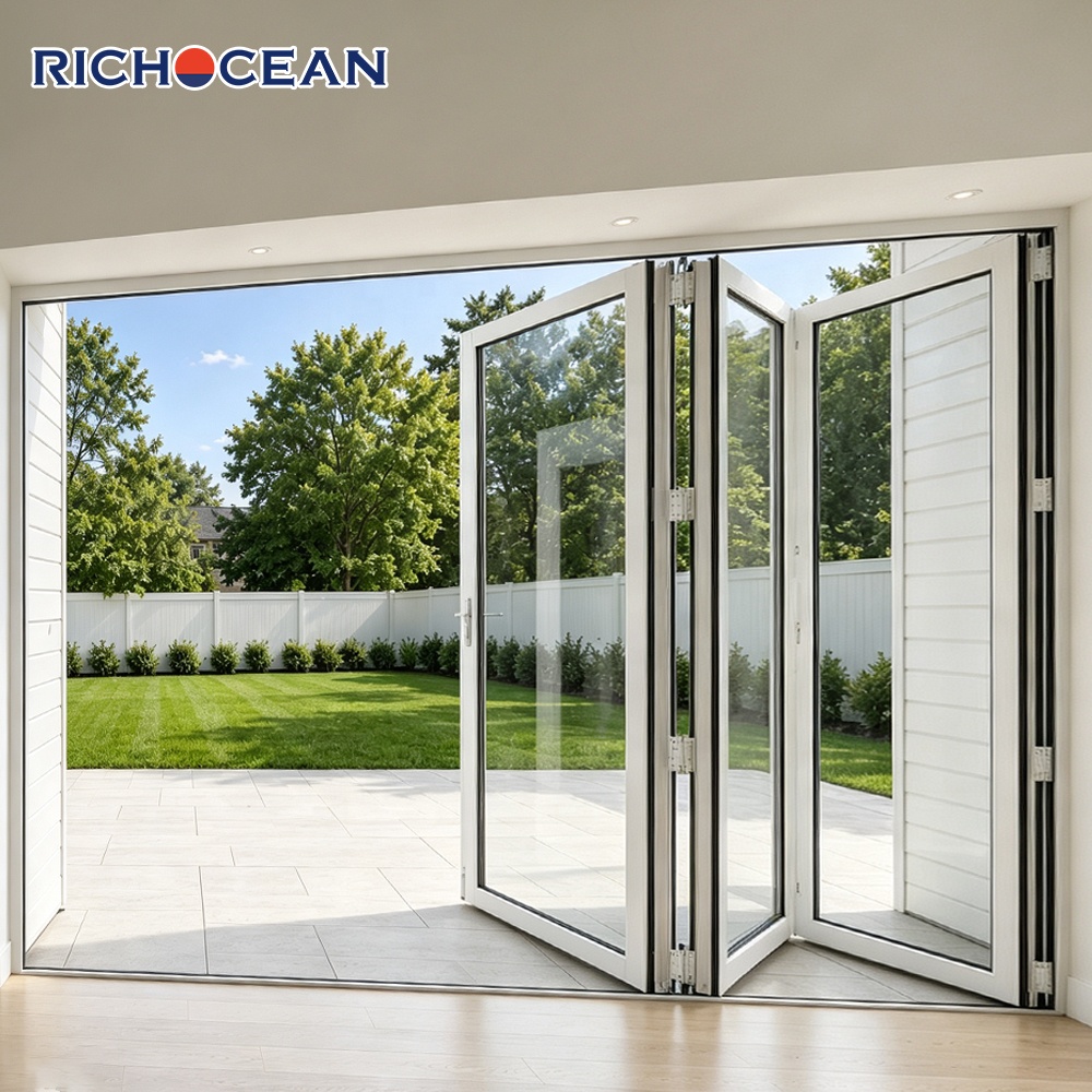 RICHOCEAN Florida Minimalistische orkaanbestendige aluminium vouwdeuren met glas, weerbestendige driedubbele beglazing, dubbele vouwdeur