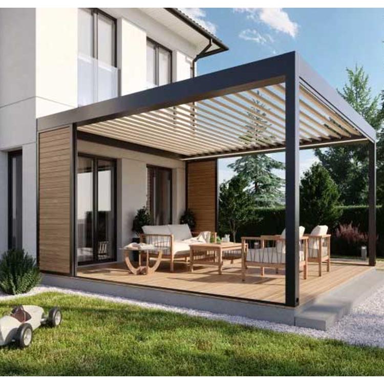 Luxe moderne buitenpergola daksysteem waterdicht metalen tuinpergola op maat aluminium lamellenpergola gemotoriseerd