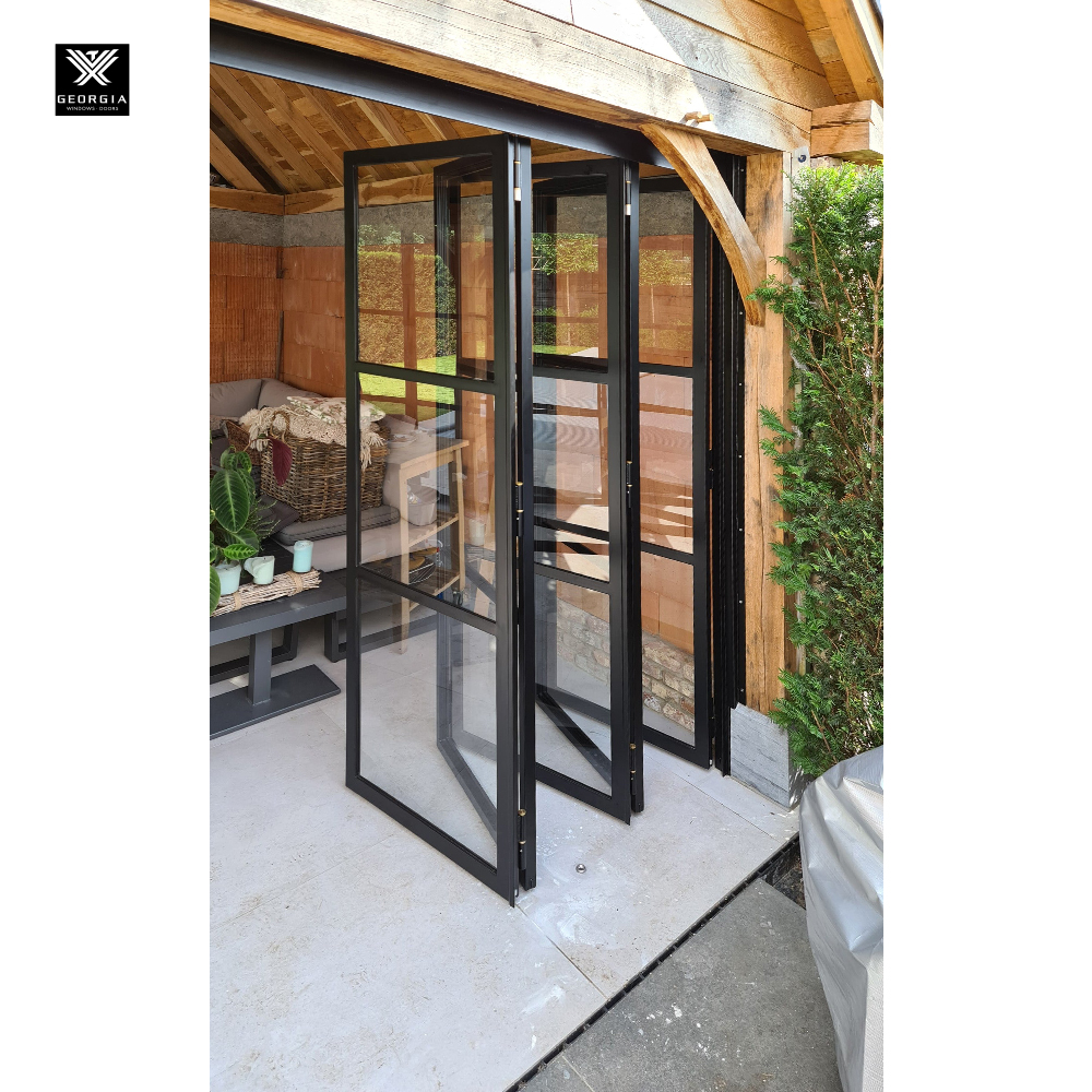 Moderne glazen stalen vouwdeuren voor huizen, Crittall-stijl metalen schuifdeur met stapelfunctie voor terras
