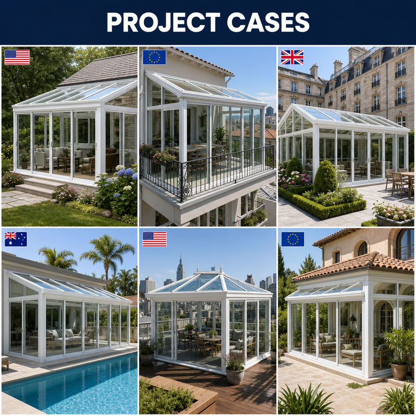 MEXIN Modern Aluminum Enclosed Four Seasons Sunroom Low-E Glass Detachable PC Screen 3 Sliding Double Doors Residential Exterior