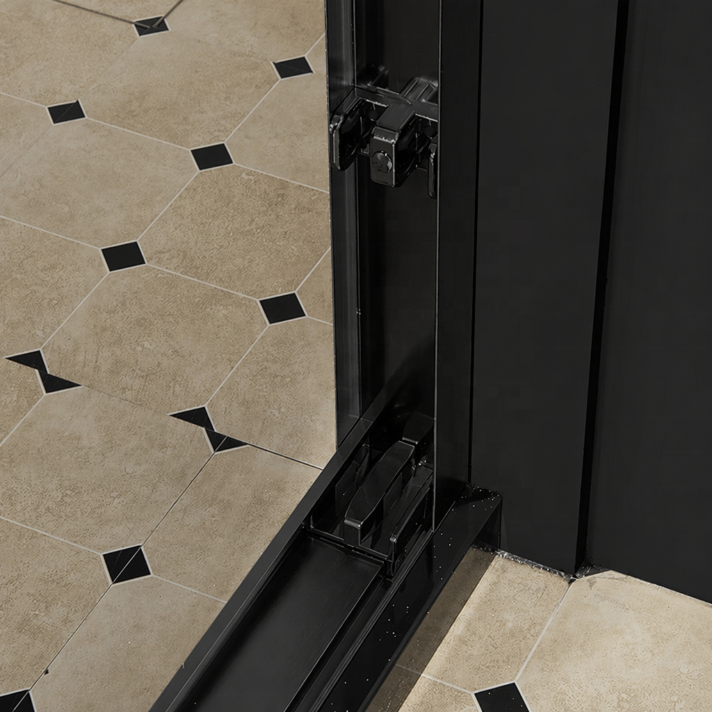 Badkamer op maat ontworpen voor villa's en hotels, met een frame van matzwart aluminiumlegering (5+5 mm gelaagd gehard glas) en een dubbele schuifdeur voor de douche.