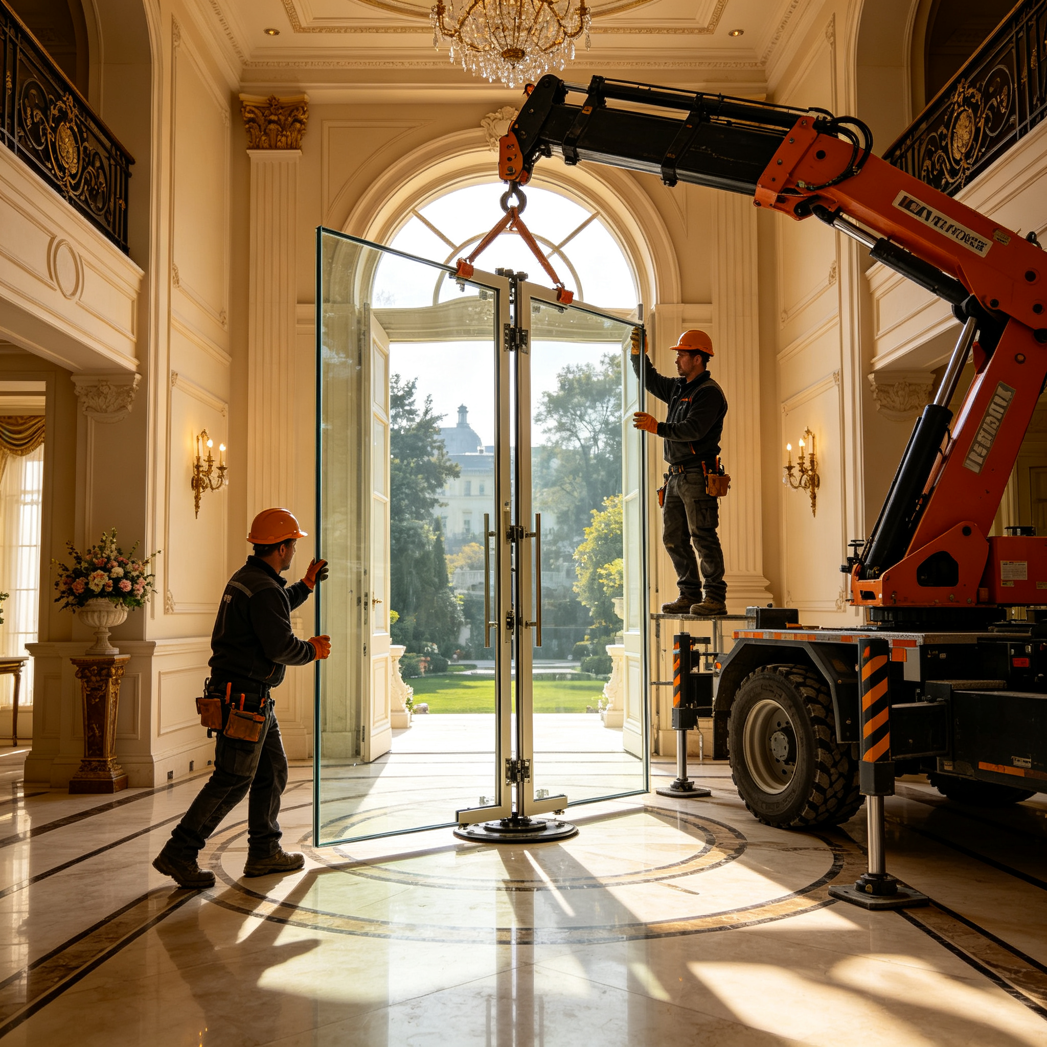 Thermisch onderbroken aluminium voordeur met warmte-isolatie, dubbel glas (Low-E) en UV-bestendigheid, geschikt voor villaprojecten in het Midden-Oosten.