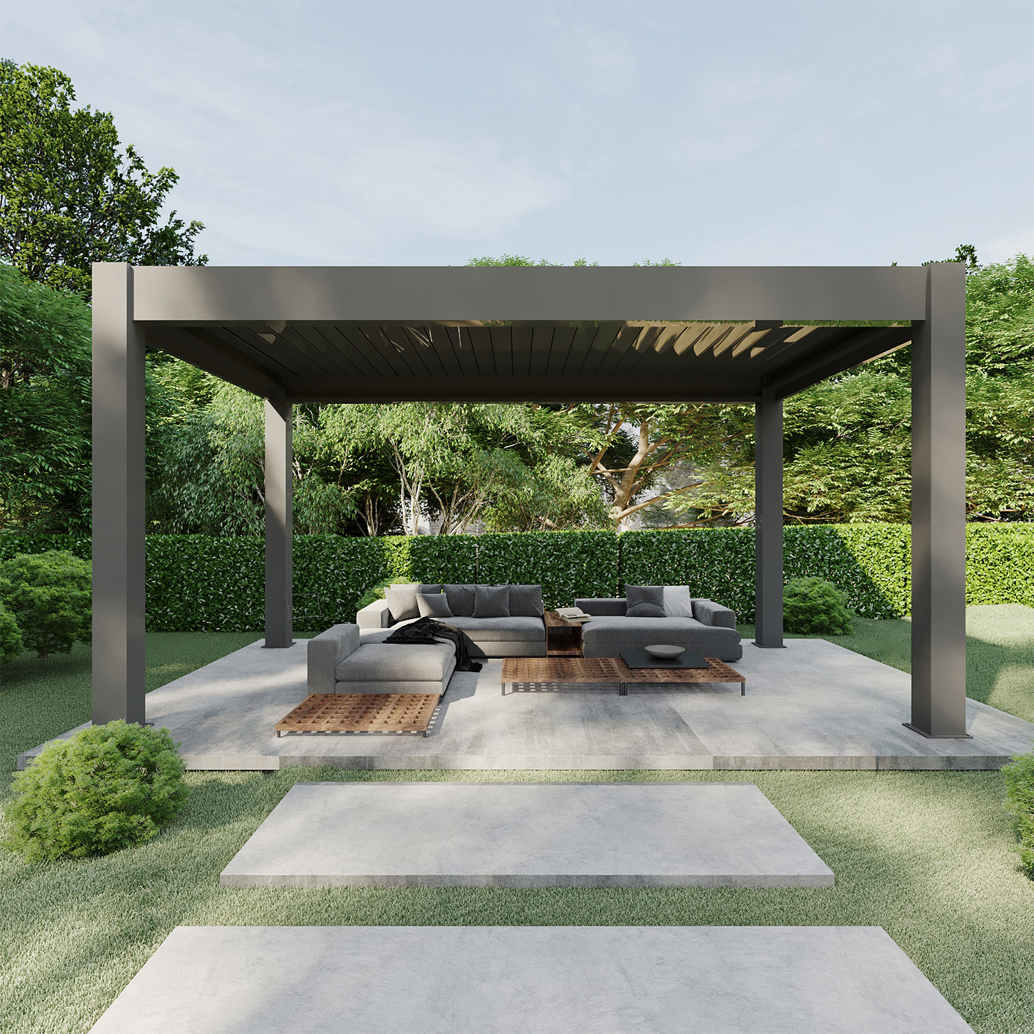 Gemotoriseerde, regenbestendige lamellen voor buiten, tuinoverkapping, terrasoverkapping, gepoedercoat tuinpaviljoen, bioklimatische lamellen aluminium pergola, balkon