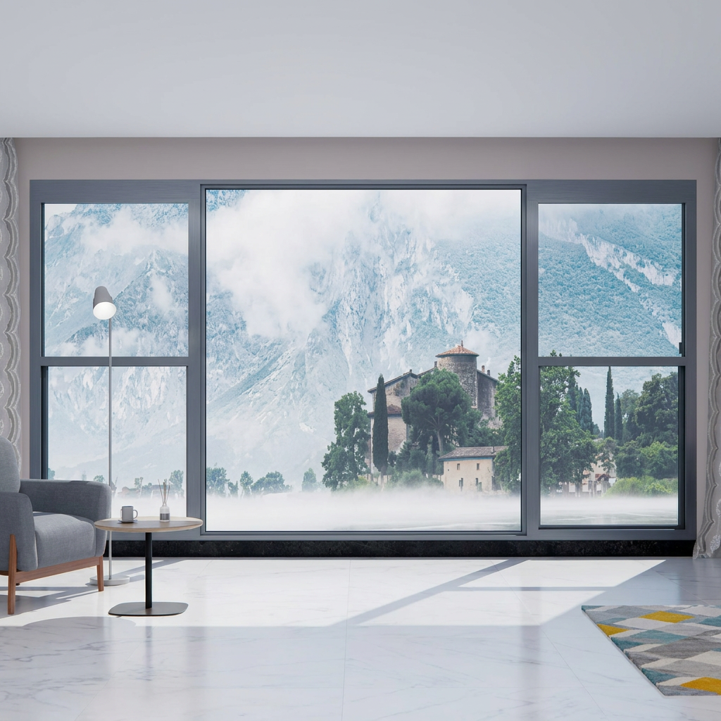 Slim elektrisch hefbaar schuifraam van aluminiumlegering met onzichtbaar glas, geschikt voor balkon van hotel of villa