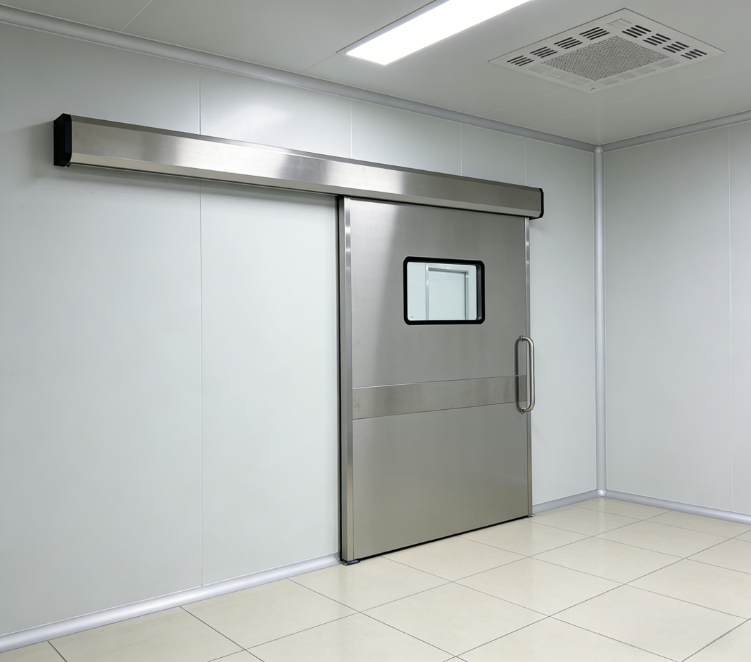 Automatische compressieafdichting, gegalvaniseerd stalen schuifdeur voor cleanrooms, luchtdichte afdichting rondom, geschikt voor cleanrooms en ziekenhuizen.