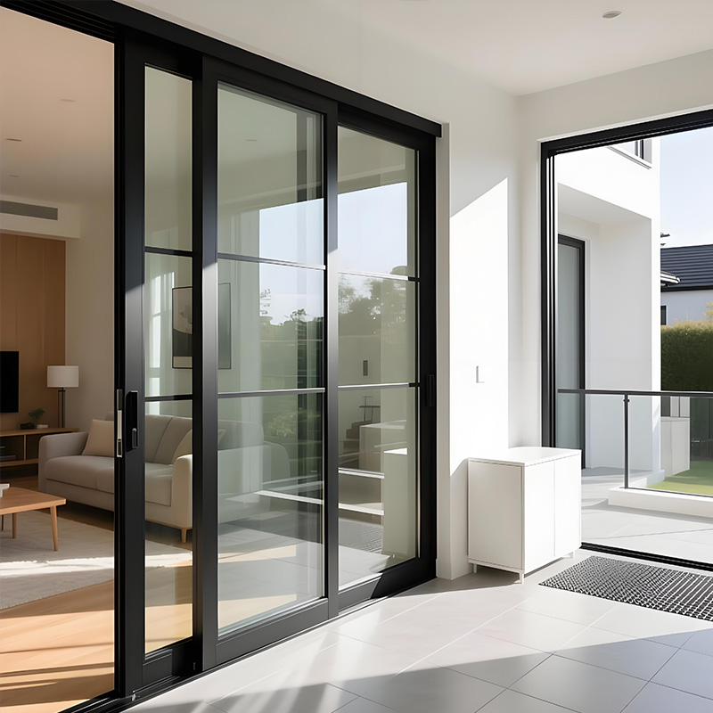 Aluminium schuifdeur met gehard glas voor balkon of veranda, moderne metalen schuifdeur, decoratieve geluidsisolerende terrasdeuren.