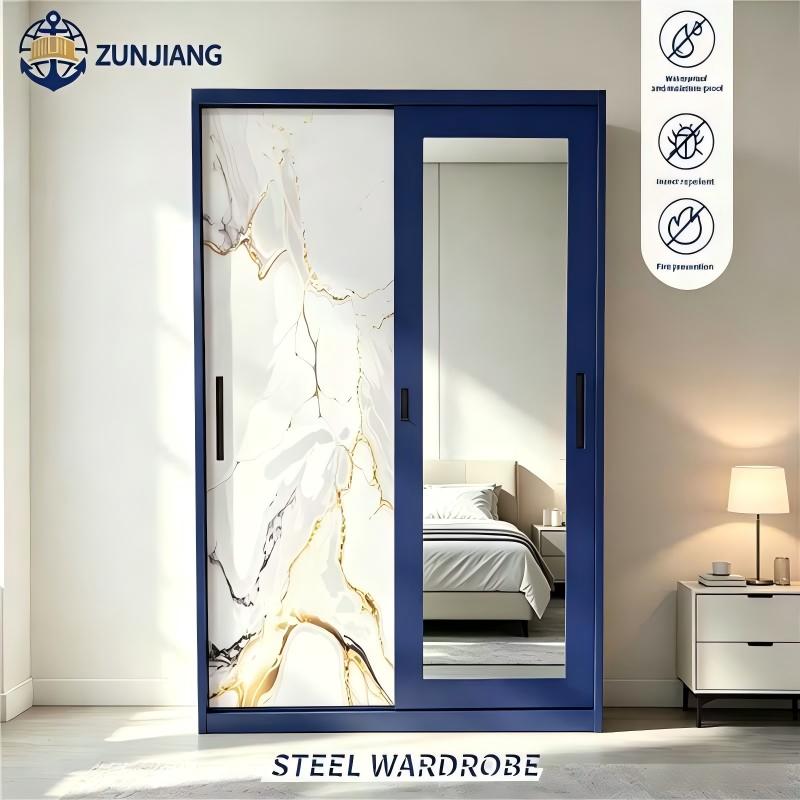 Eenvoudige metalen kledingkast met print voor de slaapkamer, stalen kledingkast met 2 schuifdeuren.