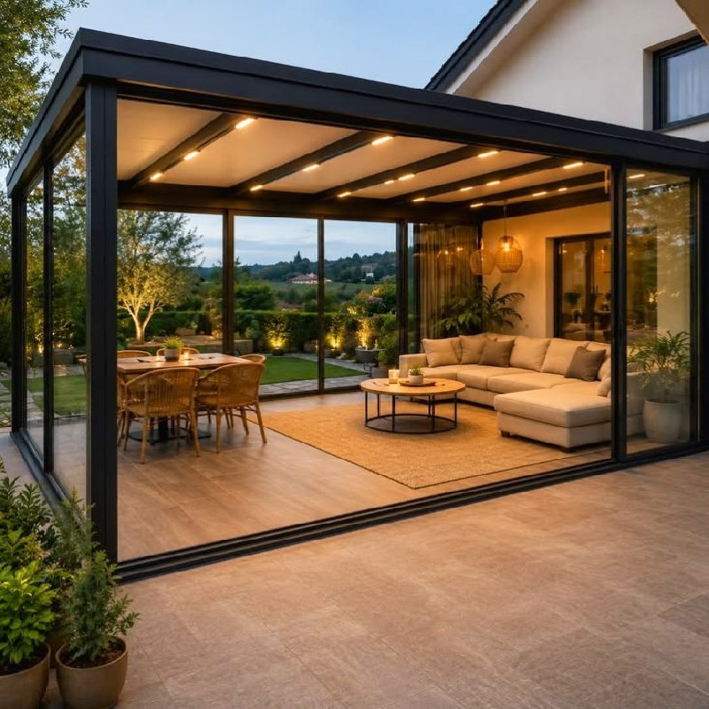 Moderne aluminium pergola voor buiten met glazen schuifdeur en dakconstructie voor een luxe achtertuin.