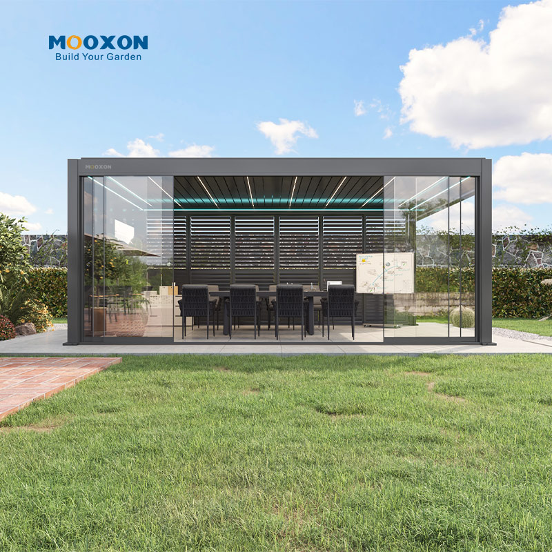 Mooxon gemotoriseerde aluminium buitenpergola's met schakelbaar dak, bioklimatische terraspergola, eenvoudig te monteren aluminium tuinhuisje/carport