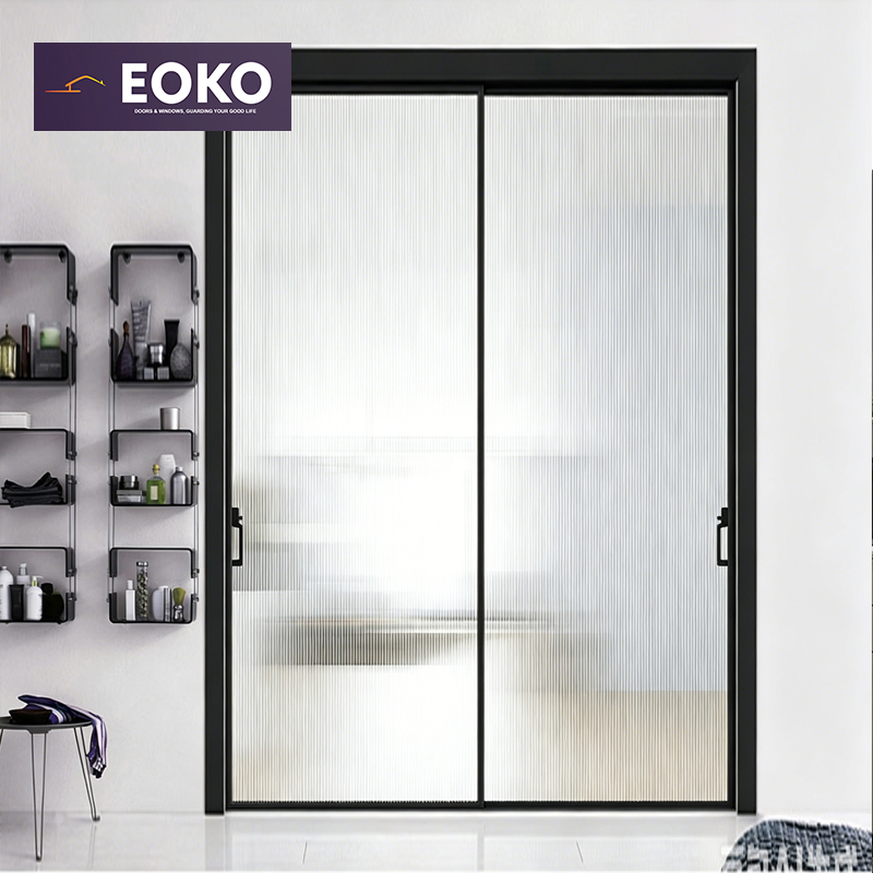 EOKO Moderne Aluminium Schuifdeur met Geribbeld Glas voor Badkamer Scheiding, Privacybeschermende Slanke Glazen Deuren
