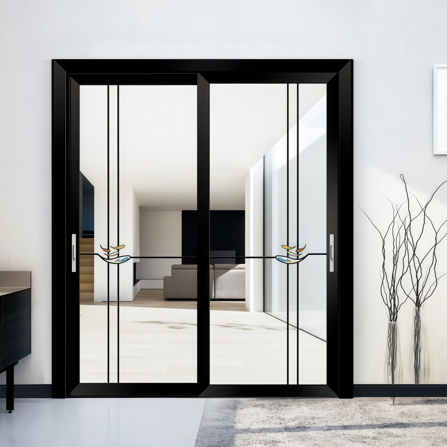 Vouwraam van aluminiumlegering met houtnerfstructuur, inclusief beslag en thermische isolatie, voor woonkamer en zitkamer.