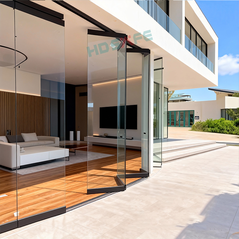 Frameloze glazen vouwdeur van roestvrij staal voor villa, balkon, restaurant, verplaatsbare glazen scheidingswand, stapelbare schuifdeur van glas, dubbele vouwdeur