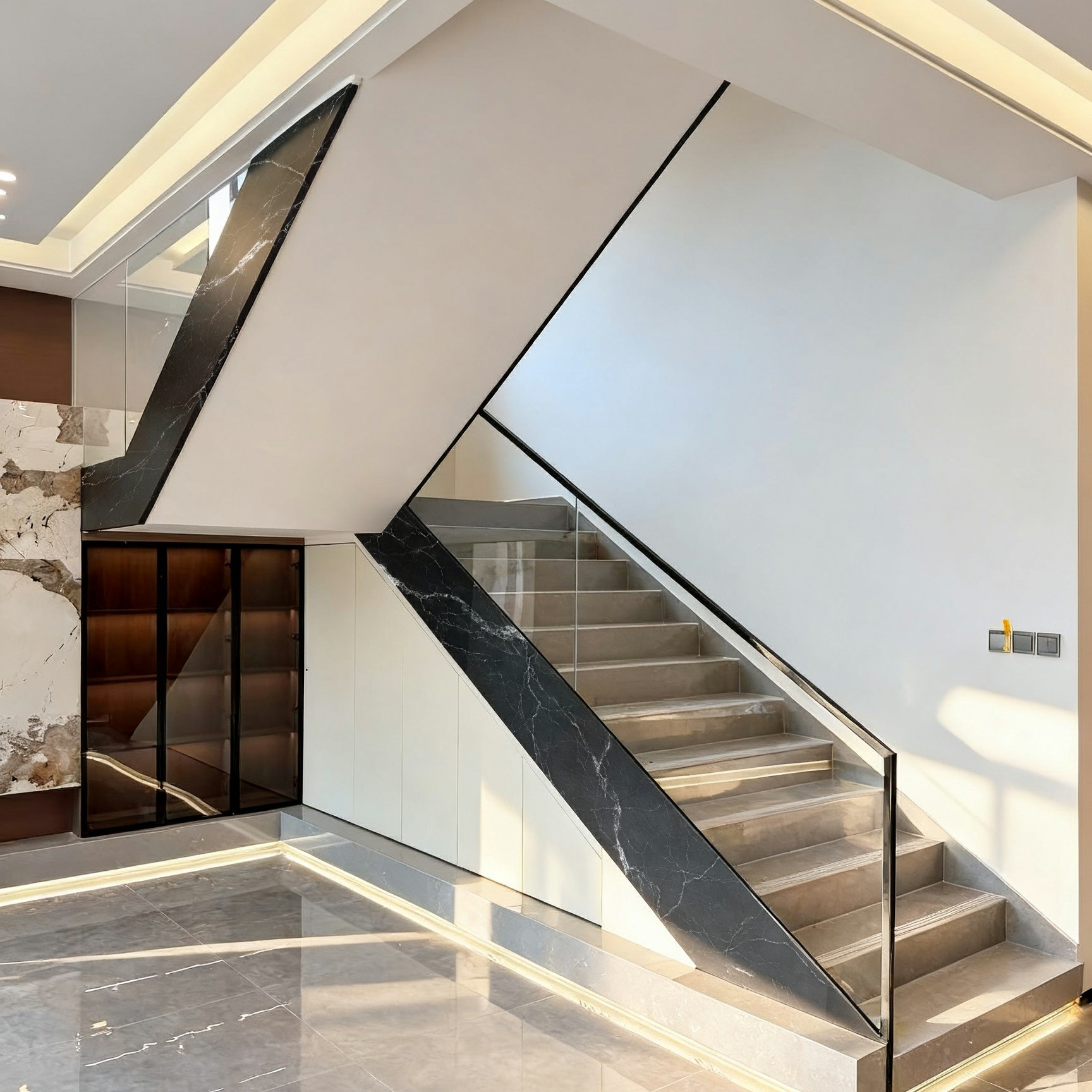 Modern, hoogwaardig design, naadloze, zijdelings gemonteerde aluminium trapleuning met glazen balustrade en granieten design.