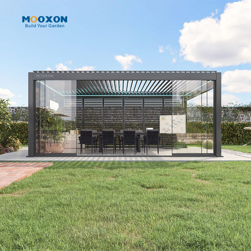 Mooxon gemotoriseerde aluminium buitenpergola's met schakelbaar dak, bioklimatische terraspergola, eenvoudig te monteren aluminium tuinhuisje/carport