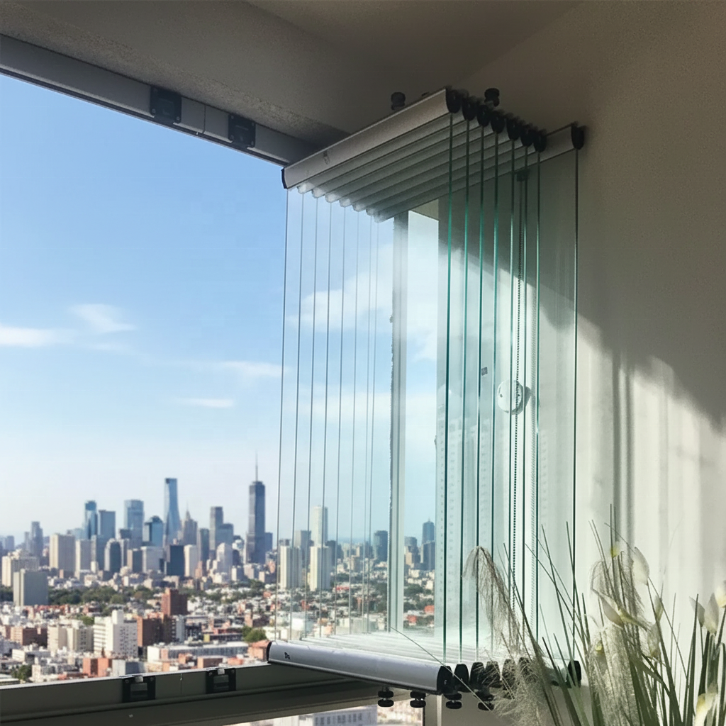 Volledig zichtbaar, naar buiten vouwbaar, dubbel open schuifbaar balkonraamsysteem van glas met aluminium frame en vouwdeur.