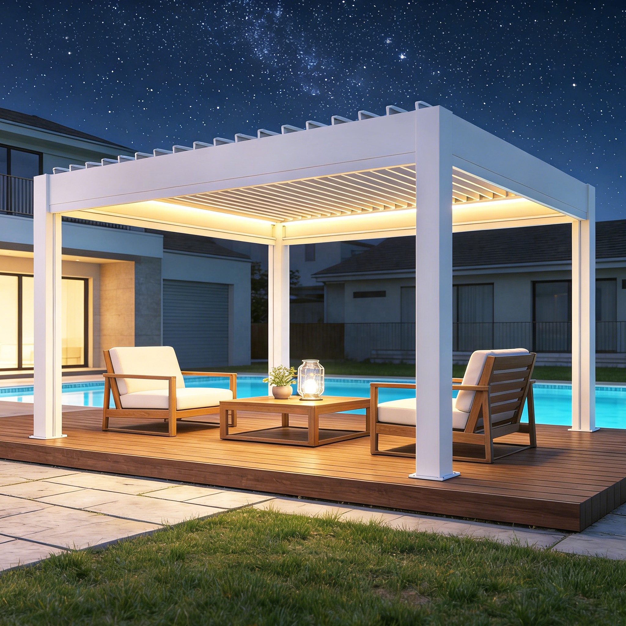Metalen lamellen terrasoverkapping, waterdicht zonnescherm, gepoedercoat, elektrische bioklimatische aluminium pergola met lamellen