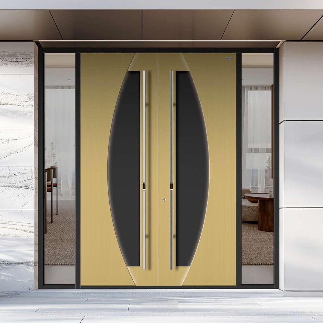 Commerciële aluminium toegangsdeur met thermische onderbreking, dubbel glas en hoge windbestendigheid voor hotel- en villaprojecten.