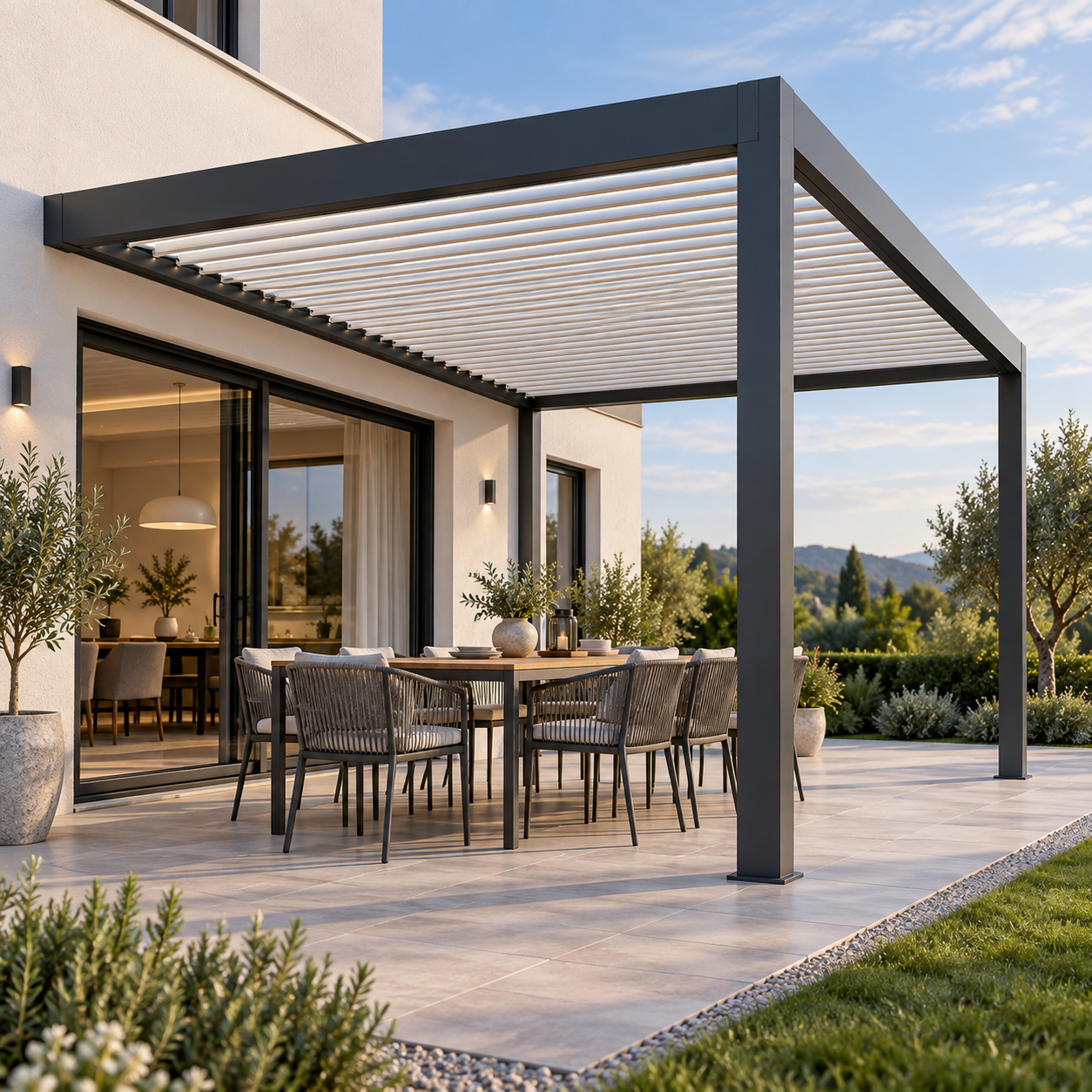 Strakke, op presentatie gerichte, gemotoriseerde lamellensystemen, Bioclimatica pergola van aluminium voor buiten, geschikt voor ontvangstruimtes van autoklanten.