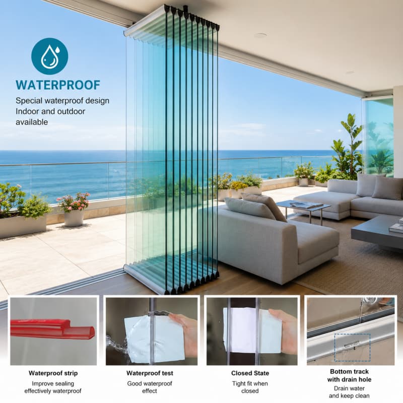Volledig zichtbaar, naar buiten vouwbaar, dubbel open schuifbaar balkonraamsysteem van glas met aluminium frame en vouwdeur.