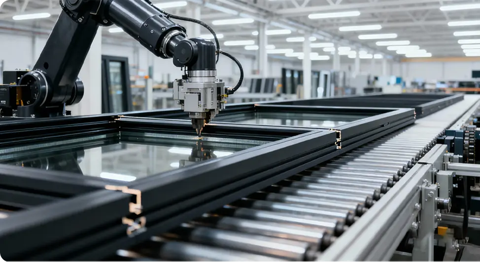 Geautomatiseerde productielijn met robotarmen voor aluminium ramen en deuren