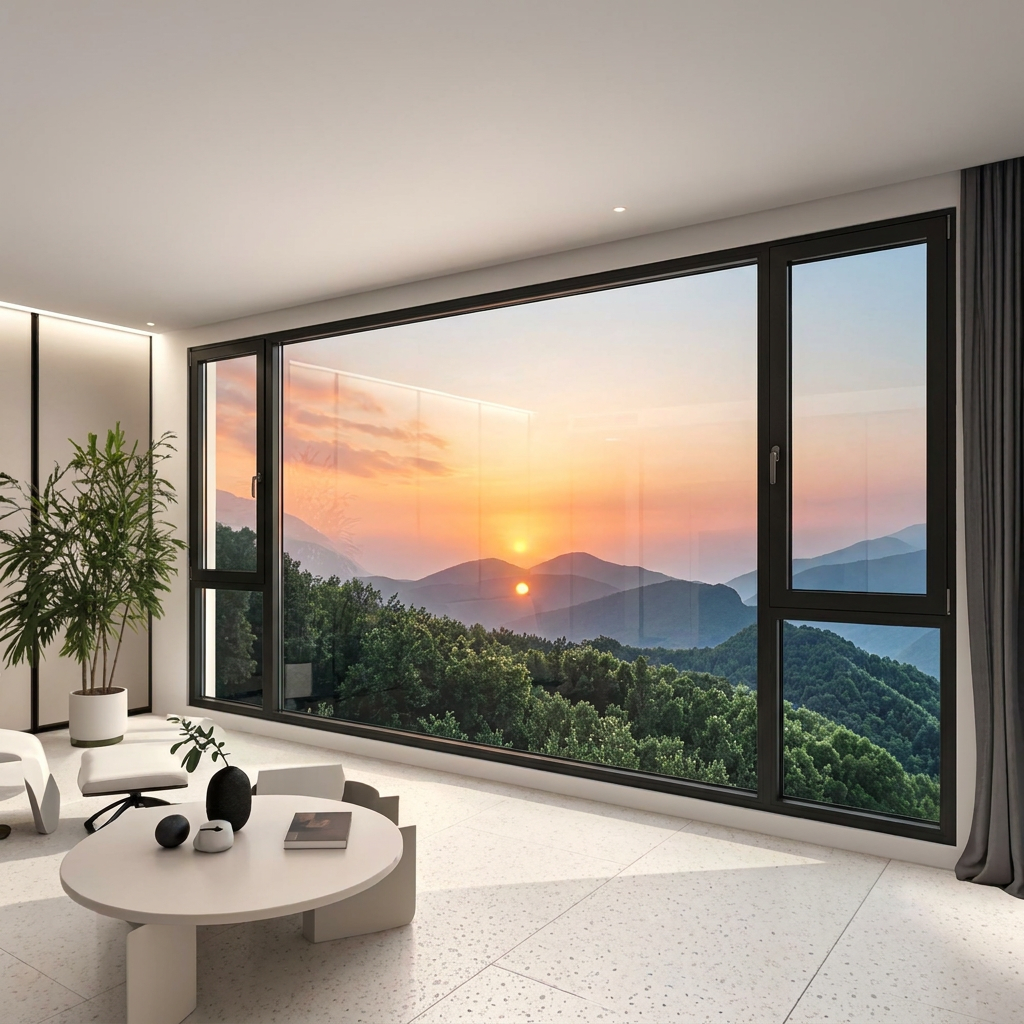 Slim elektrisch hefbaar schuifraam van aluminiumlegering met onzichtbaar glas, geschikt voor balkon van hotel of villa