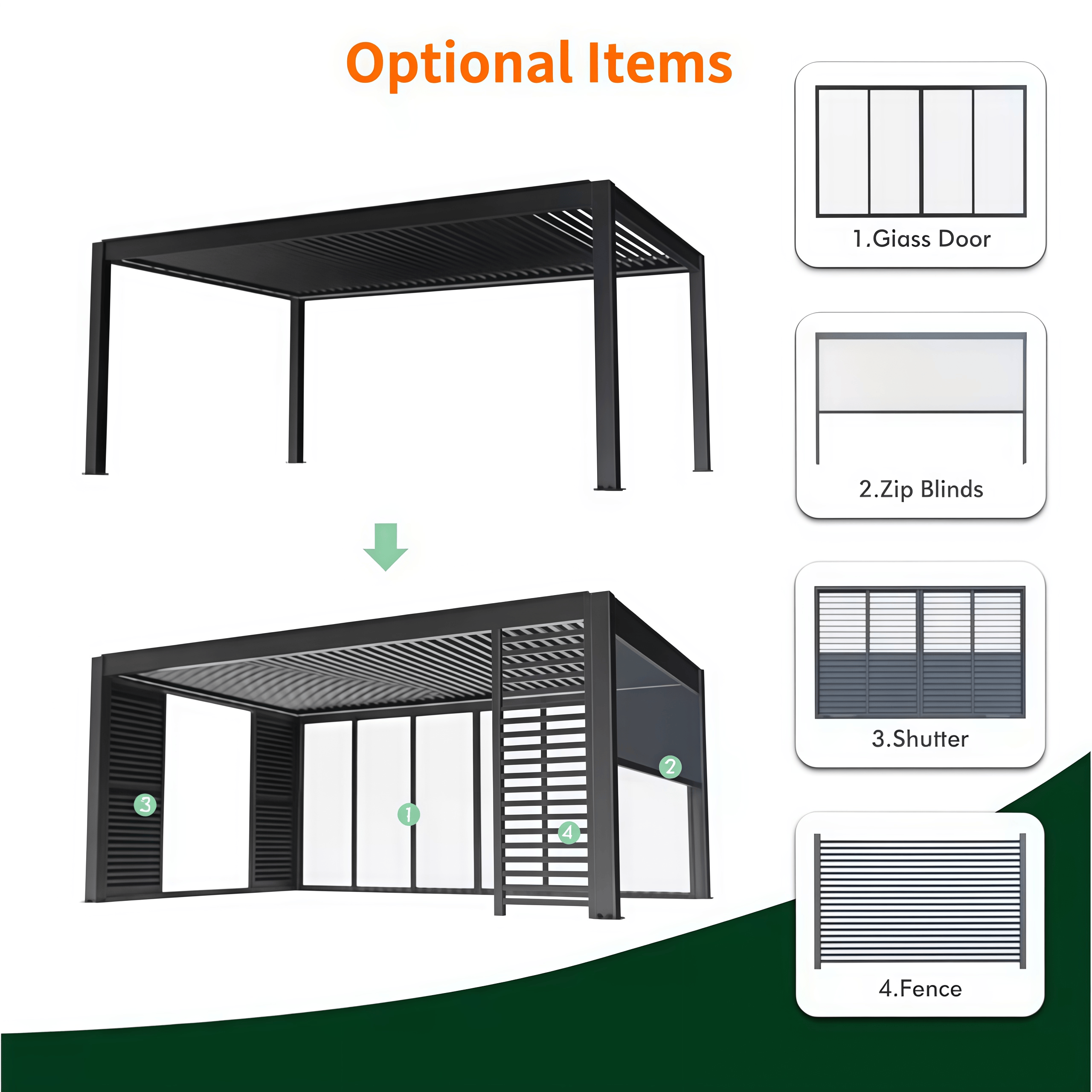 Automatische, regenbestendige aluminium lamellenpergola 3x3m tuinpaviljoen met afstandsbediening en aanpasbaar formaat.