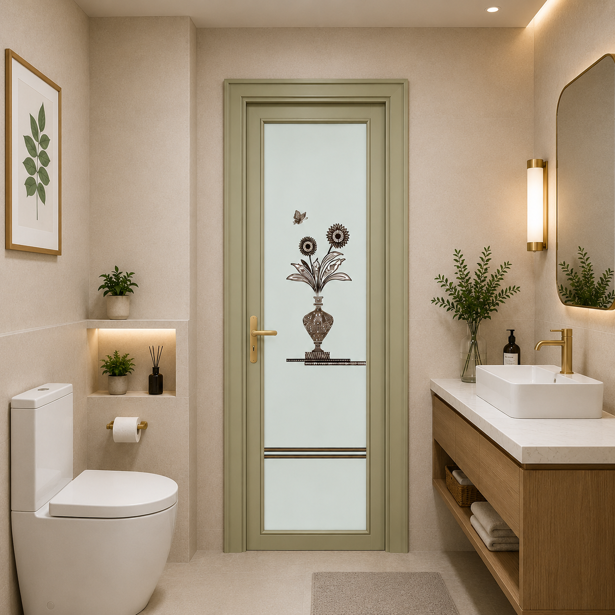 Binnendeur met draaideur, aluminium frame en elegant privacyglas voor badkamers, geschikt voor diverse projecten.