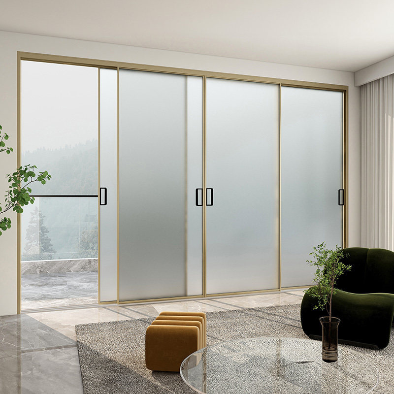 Vouwraam van aluminiumlegering met houtnerfstructuur, inclusief beslag en thermische isolatie, voor woonkamer en zitkamer.