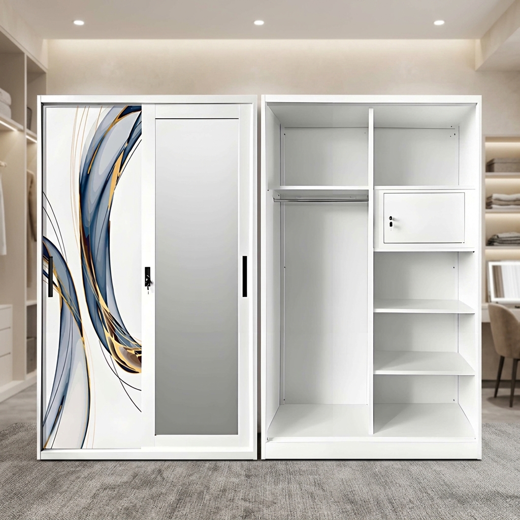 Eenvoudige metalen kledingkast met print voor de slaapkamer, stalen kledingkast met 2 schuifdeuren.