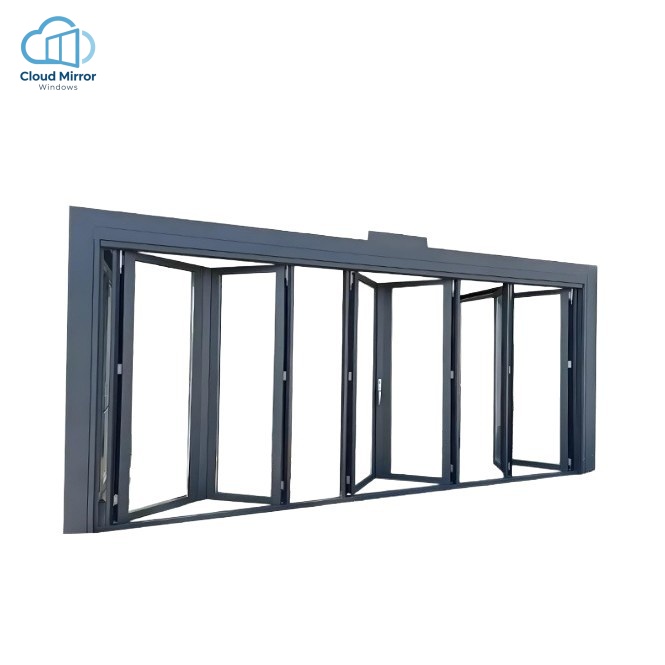 Donkergrijs, groot formaat, aluminium vouwraam met meerdere panelen, panoramisch glazen raam voor villa en terras