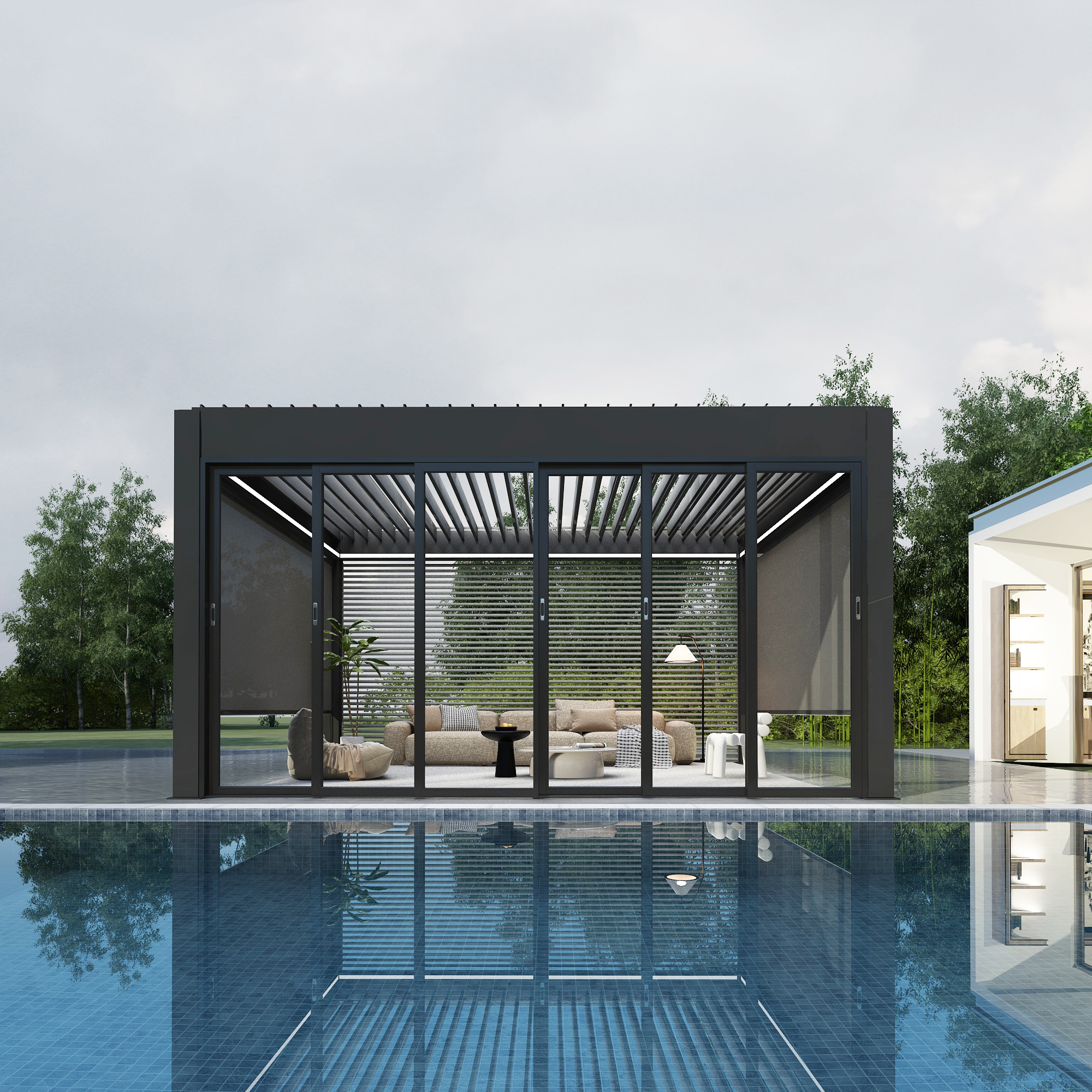 Gemotoriseerde, regenbestendige lamellen voor buiten, tuinoverkapping, terrasoverkapping, gepoedercoat tuinpaviljoen, bioklimatische lamellen aluminium pergola, balkon